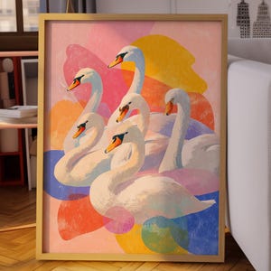 Swan Art Digital Download – Elegant White Swans Printable Wall Art with Colorful Abstract Background