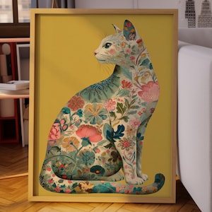 Bohemian Floral Cat Wall Art – Colorful Boho Oil Painting Print, Modern Animal Digital Poster
