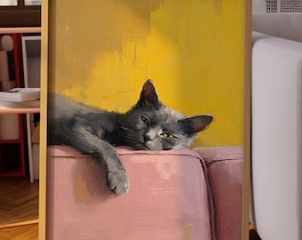 Lazy Cat Wall Art :  Modern Feline Oil Painting Print, Cozy , Home Decor (Digital Download)