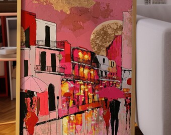 Rainy City Wall Art, Pink Street Scene, Romantic Moon Poster, Colorful Urban Print