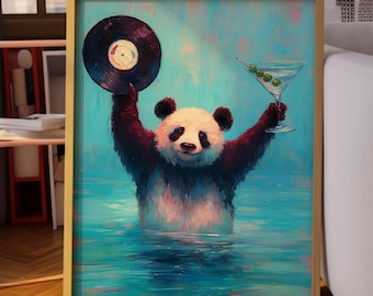 Panda Wall Art, Quirky Bear Print, Vinyl Record Poster, Funny Bar Cart Decor