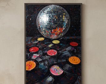 Disco Ball and Schallplatten: Retro Musik Wand Kunst, bunter Pop Print