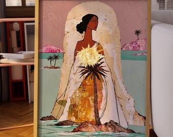 Woman Wall Art, Mediterranean Poster, Sun Portrait Print, Coastal Gallery Decor