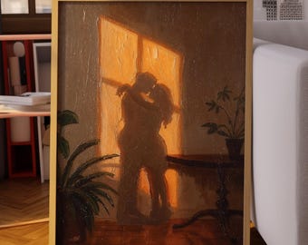 Romantic Sunset Couple : Minimal Silhouette Wall Art, Warm Love Painting Print