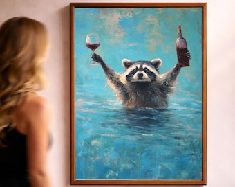 May include: A framed art print depicts a raccoon in water, holding a wine glass and a bottle. The raccoon is in blue water, with a brown wooden frame. The artwork has a whimsical and humorous theme.
