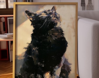 Black Cat Wall Art, Feline Portrait Poster, Oil Painting Print, Pet Lover Decor