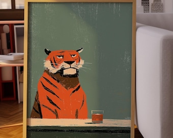 Funny Tiger Wall Art, Whiskey Bar Printable, Grumpy Animal Decor, Retro Print (DIGITAL DOWNLOAD)