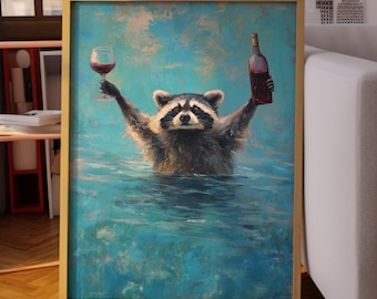 Raccoon Wall Art : Quirky Animal Oil Painting Print, Bar Cart Decor