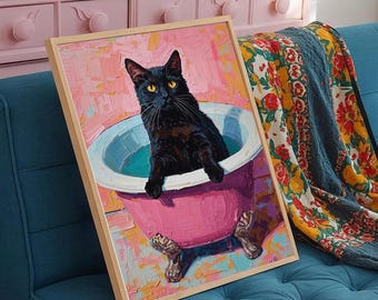 Black Cat Art Print : Whimsical Pet, Modern Colorful Decor,Funny Bathroom Poster