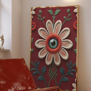 Surreal Eye Wall Art  : Embroidered Boho Poster, Whimsical Psychedelic Botanical Home Decor