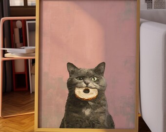 Gray Cat  Print: Whimsical Kitchen Art (Digital Download)