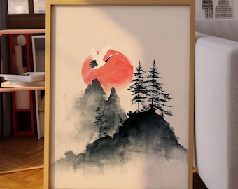 Japanese Crane Wall Art : Red Sun Ink Wash Painting, Oriental Nature Minimalist Print
