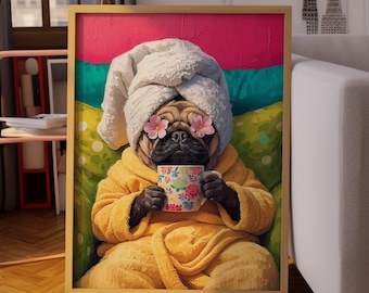 Pug Wall Art : Relaxing Dog Painting, Fun Cozy Animal Home Decor