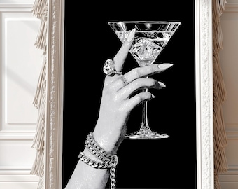Martinimuurkunst: zwart-witte cocktailposter, glamoureuze handsieradenprint
