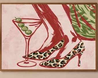 Martini Wall Art, Leopard Heels Print, Female Zebra Poster, Eclectic Decor, Maximalist Artwork