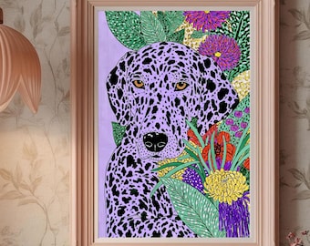 Dalmatian Wall Art, Purple Dog Printable, Floral Pet Decor, Maximalist Animal Print (DIGITAL DOWNLOAD)