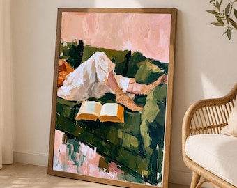 Woman Reading Wall Art, Cozy Book Lover Poster, Pink Green Eclectic Decor, Female Print