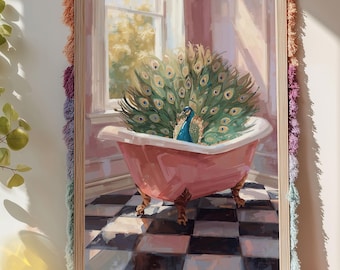 Arte mural de pavo real: Impresión animada caprichosa, decoración elegante para el baño