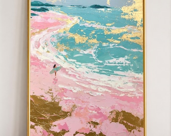 Pink Beach Wall Art, Surfer Girl Print, Coastal Ocean Poster, Colorful Seascape Decor