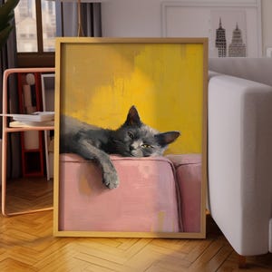 Lazy Cat Portrait Print – Minimalist Oil Painting Poster, Modern Cozy Pet Lover Wall Art