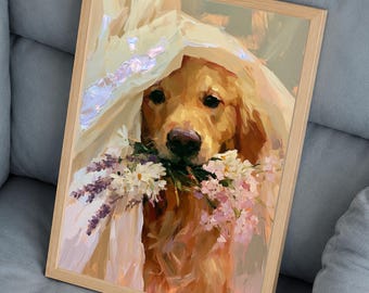 Golden Retriever Wall Art, Floral Dog Poster, Pet Portrait Print, Cottage Home Decor