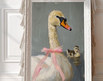 Stampa artistica da parete con cigno: dipinto di mamma e cucciolo, elegante decorazione per la cameretta dei bambini