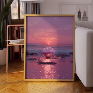 Disco Ball Sunset Wall Art: Ocean Reflection Poster, Pink Beach Print
