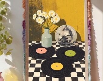 Lámina de vinilo: Bola de discoteca y flores, decoración de pared con temática musical de mediados de siglo.
