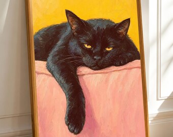 Black Cat Wall Art, Moody Feline Print, Lazy Animal Poster,Funny Pet Portrait