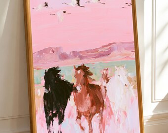 Pink Horse Wall Art, Wild Horses Painting, Western Equine Decor (DIGITAL DOWNLOAD)