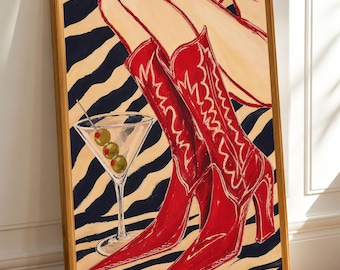 Cowboy Boots Wall Art, Martini Poster, Zebra Print, Western Bar Decor
