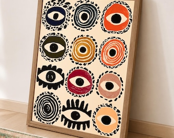 Evil Eye Wall Art, Colorful Print, Abstract Folk Art, Eclectic Maximalist Decor