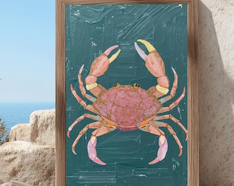 Crab Wall Art : Coastal Nautical Decor, Colorful Ocean Illustration Print