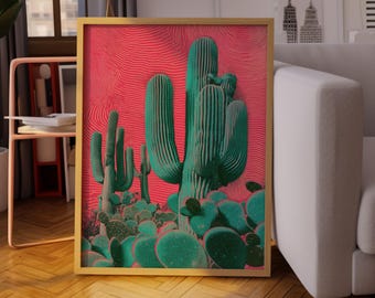Arte mural de cactus: Impresión botánica del desierto, decoración moderna del suroeste, arte con colores vibrantes