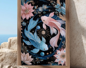 Koi Fish Wall Art : Yin Yang Painting, Japanese Zen Art, Lotus Floral Decor