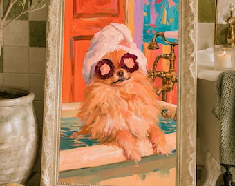 Pomeranian Wall Art, Dog in Bathtub Print, Funny Bathroom Poster, Colorful Pet Decor