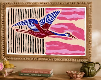 Crane Wall Art, Flying Bird Print, Colorful Folk Art, Pink Eclectic Animal Poster
