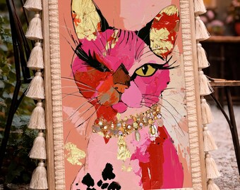 Pink Cat Wall Art, Glamorous Cat Print, Maximalist Animal Poster, Eclectic Feminine Decor