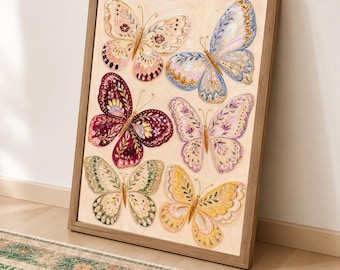 Butterfly Wall Art, Floral Folk Print, Whimsical Butterfly Decor, Colorful Vintage Inspired Poster