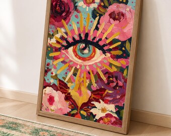Evil Eye Wall Art, Colorful Floral Printable, Mystical Maximalist Decor (DIGITAL DOWNLOAD)
