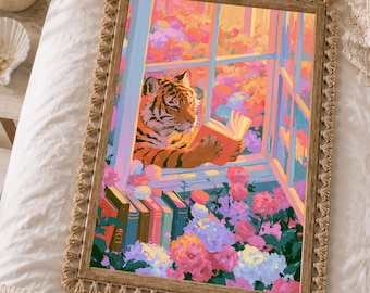 Tiger Wall Art, Reading Animal Poster, Book Lover Print, Floral Library Decor