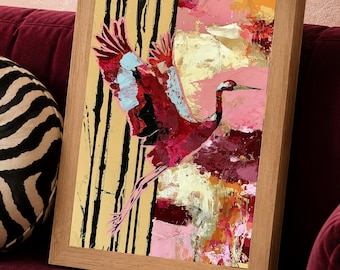 Crane Wall Art, Colorful Bird Poster, Pink Abstract Animal Print, Eclectic Maximalist Decor