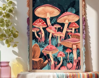 Mushroom Wall Art : Colorful Fantasy Forest Illustration Decor, Psychedelic Print