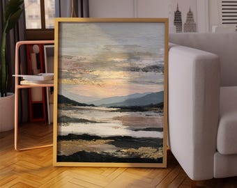 Abstract Landscape Wall Art : Neutral Gold Textured Horizon Painting