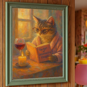 Cat Reading Painting : Cozy Animal Wall Art, Book Lover Decor