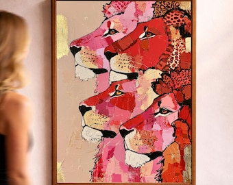Lion Wall Art, Red Jungle Poster, Colorful Animal Print, Eclectic Maximalist Decor
