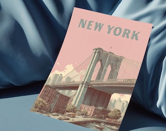 New York Poster :  Retro NYC Oil Painting Print,Brooklyn Bridge Art
