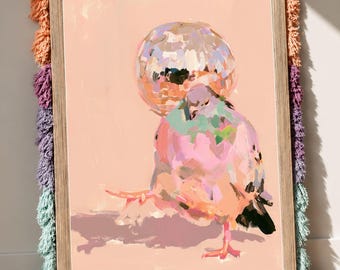 Pigeon Wall Art, Disco Ball Print, Pastel Bird Poster, Eclectic Animal Artwork
