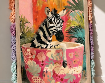 Zebra Wall Art, Floral Animal Poster, Pink Wildlife Print, Maximalist Bathroom Decor