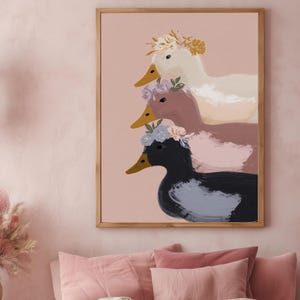Floral Duck Wall Art :  Stacked Ducks Pastel Animal Illustration